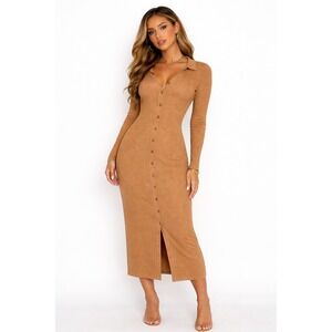 Charles Henry Ribbed Knit Button Down Midi Dress Gold 1947CH Womens Medium NWT